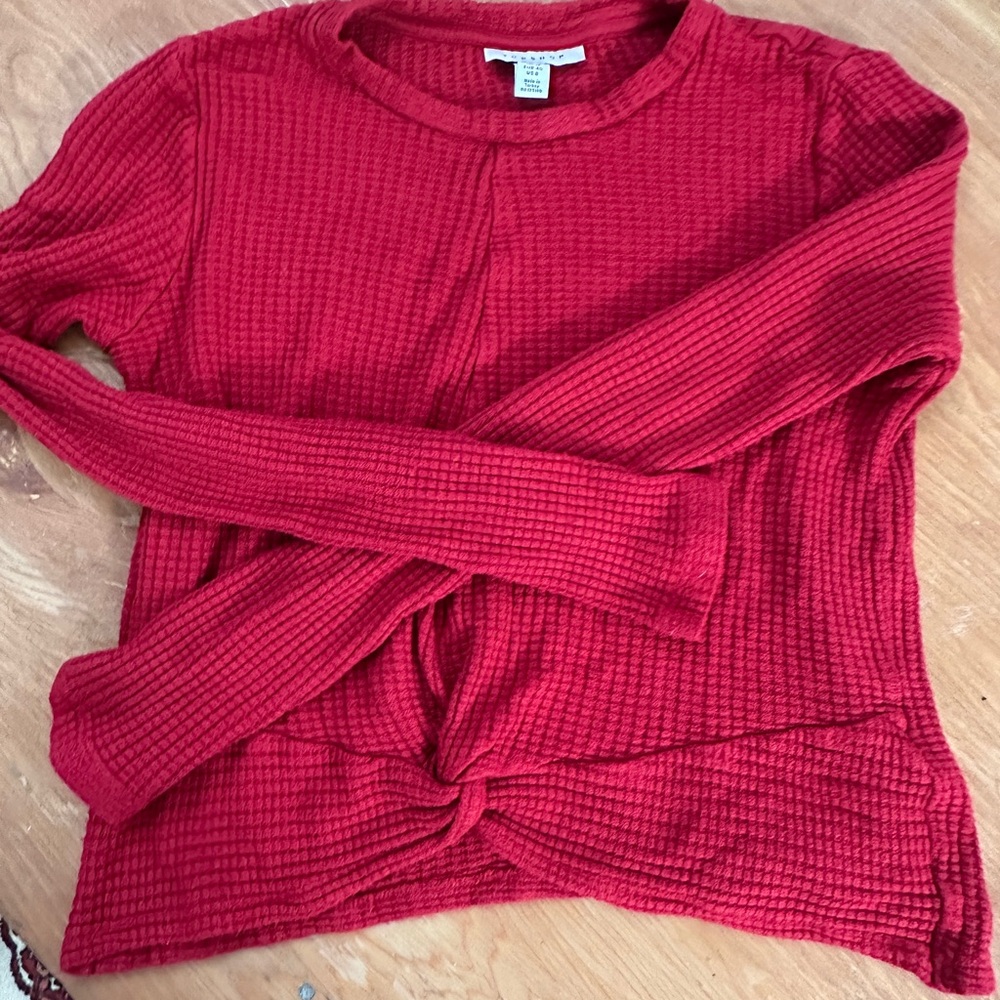 Top Shop Red Waffle Knit Tie-Front Top